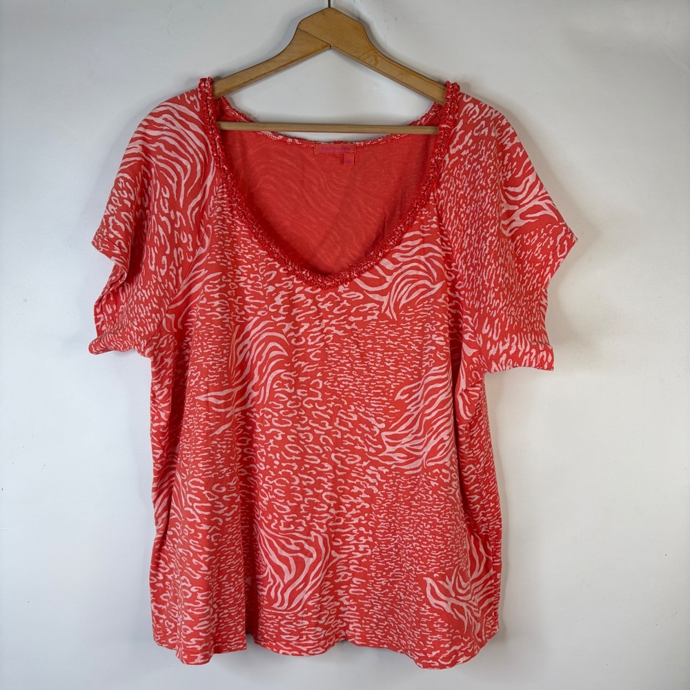 Fresh Produce Top Women 3X Coral Animal Print V-Neck Ruffle Trim USA